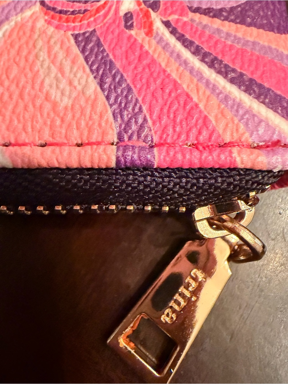 Trina Turk Pink Purple Floral Zip Pouch with Navy Trim and Gold Hardware - Picture 2 of 2